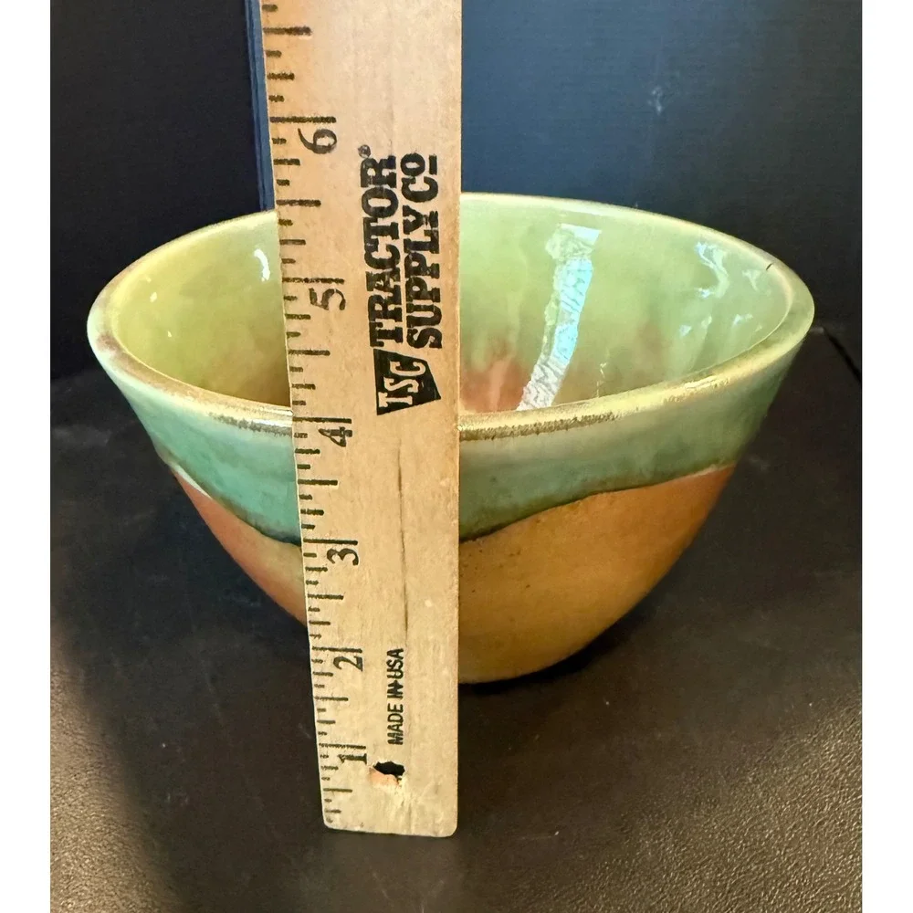 Studio Art Pottery Handcrafted Ceramic Bowl Green Terracotta Glaze Swirl Signed